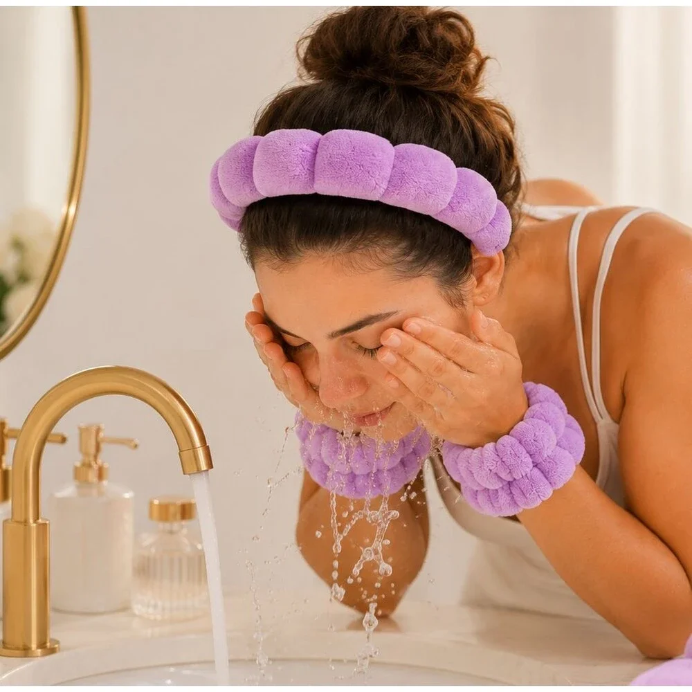 Purple Puffy Terry Cloth Spa Headband & Wrist Wash Band Set Skincare Makeup NEW